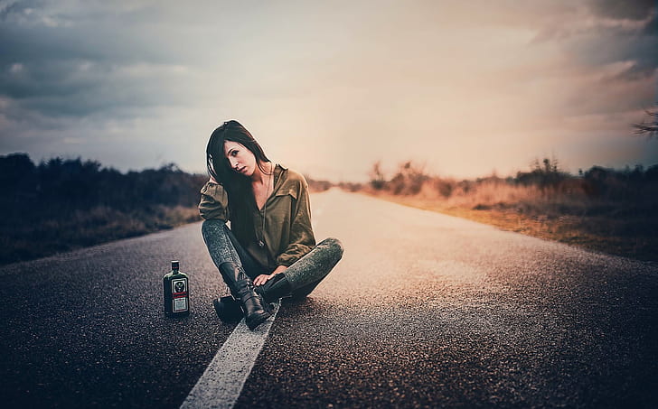 Jägermeister, alcohol, road, women outdoors, sitting, sky, HD wallpaper