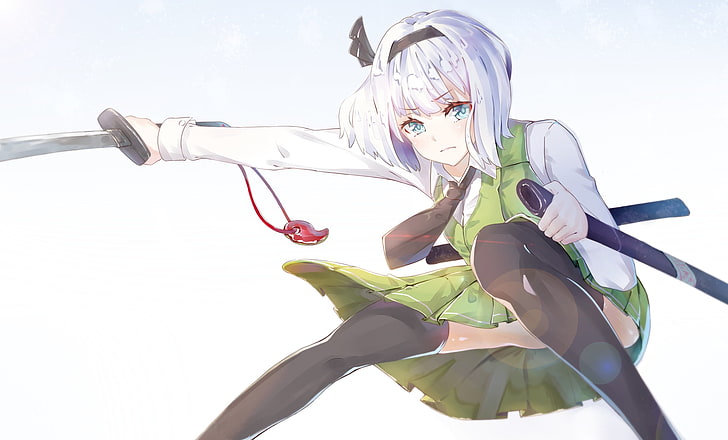 white haired girl anime character, aqua eyes, katana, Konpaku Youmu, HD wallpaper