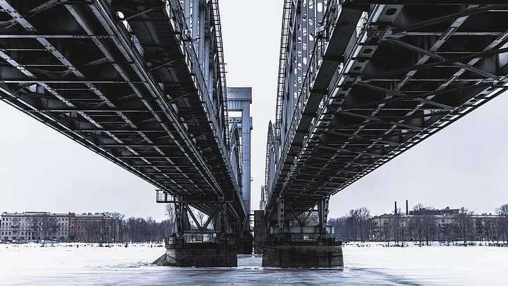 gray crane bridge, train, road, technology, ice, winter, city, HD wallpaper