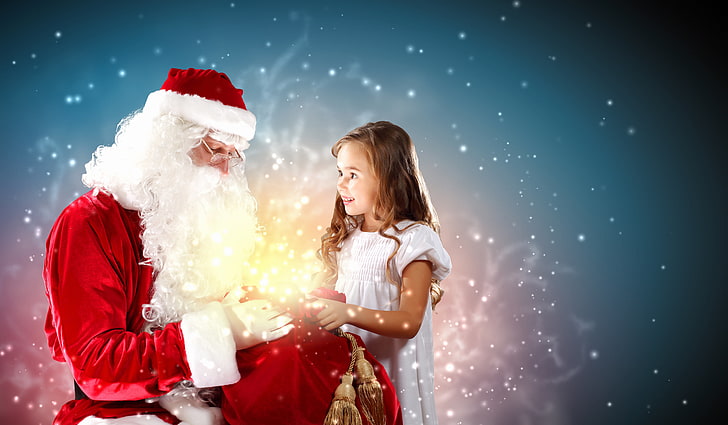 Santa Claus costume, girl, decoration, smile, holiday, gift, toy, HD wallpaper
