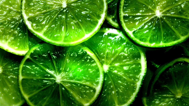 sliced green limes, segments, slices, background, freshness, green Color
