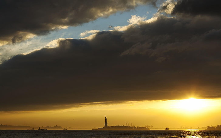 Statue of Liberty, sky, sunset, cloud - sky, water, sea, nature, HD wallpaper