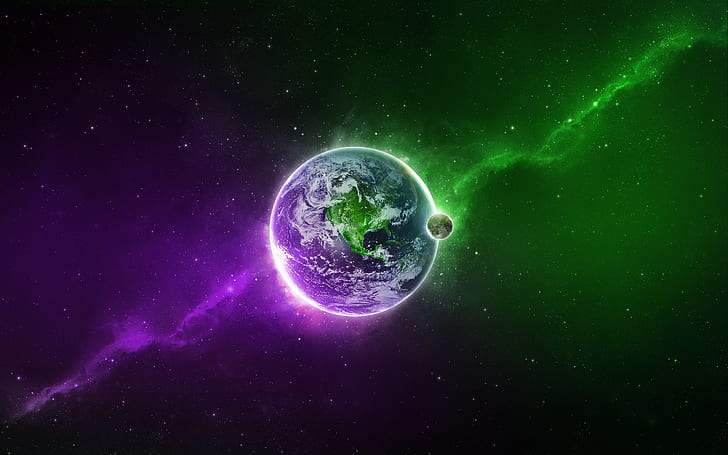 Purple versus Green, purple and green planet art, earth, terra