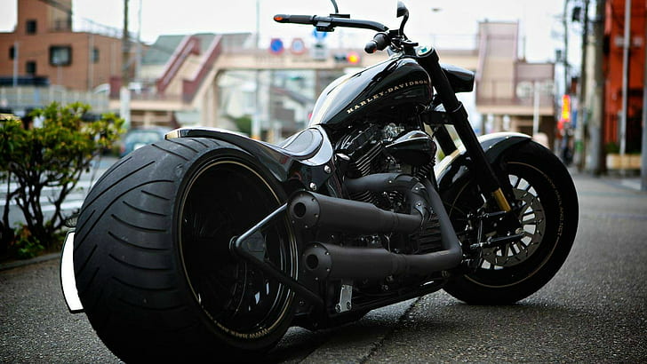 black Harley-Davidson chopper motorcycle, vehicle, transportation