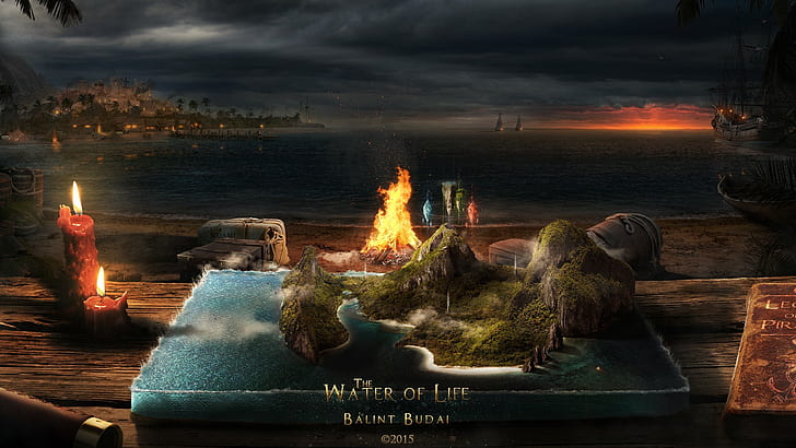 barrels, boat, books, Campfire, candles, elements, island, life, HD wallpaper