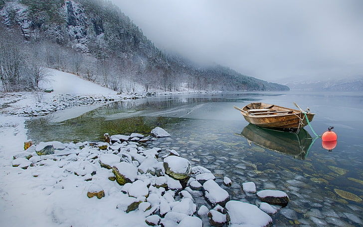 brown boat, nature, landscape, snow, lake, mountains, winter, HD wallpaper