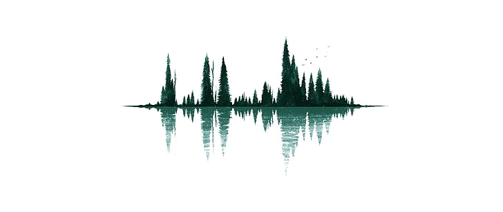 body of water, ultra-wide, minimalism, artwork, reflection, trees