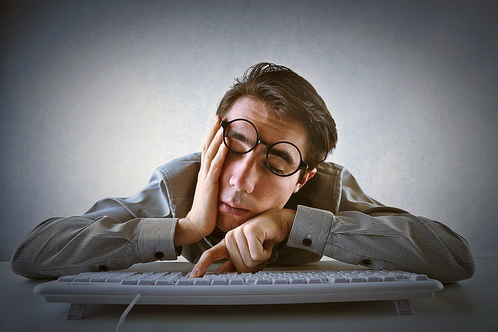 typical programmer, sleeping on keyboard, tired, glasses, Men