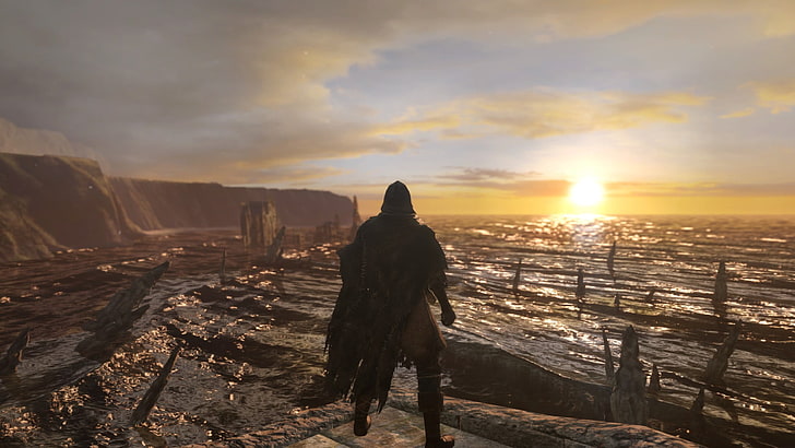 man standing on cliff illustration, Dark Souls II, Majula, sunset