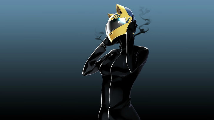 woman wearing jacket and yellow full-face helmet illustration