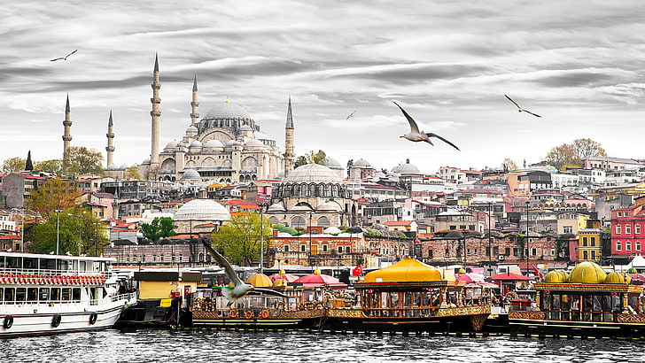 skyline, bosphorus, hagia sophia, turkey, tourism, boat, river, HD wallpaper