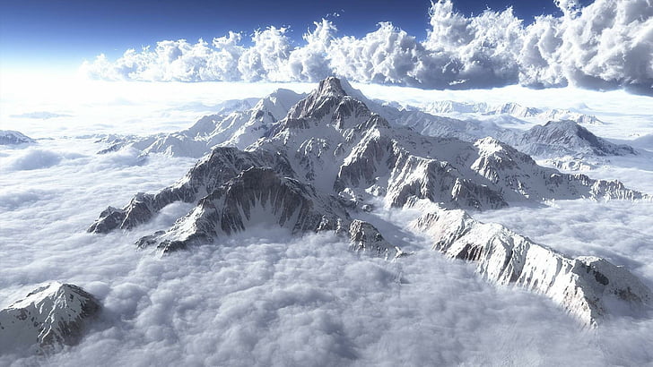 mountain, mountains, clouds, snow, ice, sky, nature