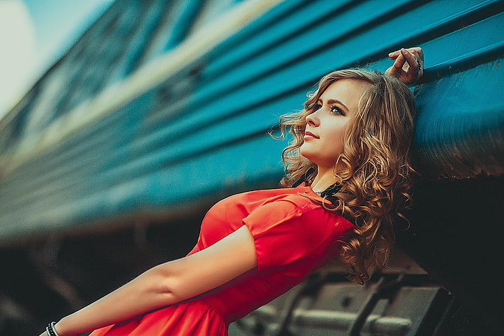 women's red crew-neck dress, in red, composition, toning, the girl Tanya, HD wallpaper