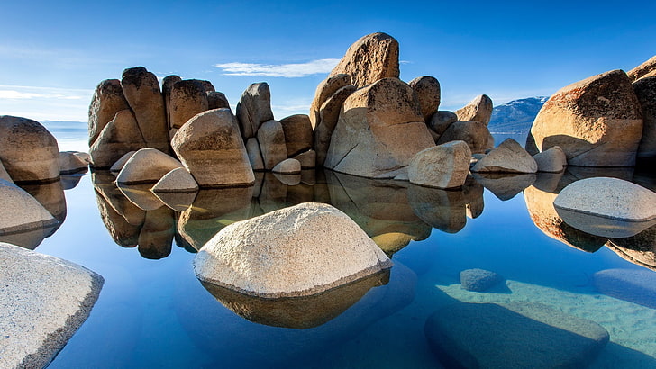 beige rock formations on still water, landscape, nature, solid