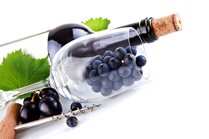 clear wineglass, leaves, macro, bottle, grapes, tube, corkscrew
