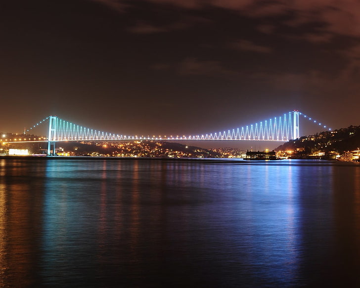 lighted bridge, Turkey, Istanbul, Turkish, night, architecture, HD wallpaper