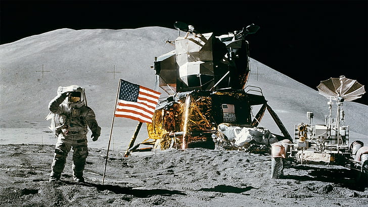 Moon, space, astronaut, Apollo, HD wallpaper