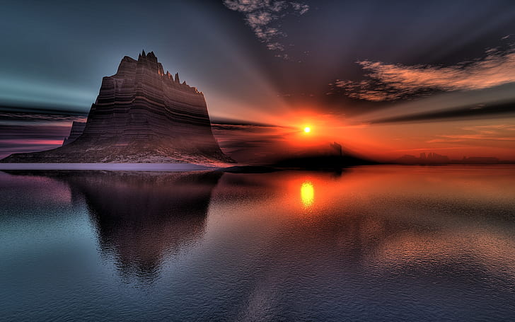 Superb Sunset Reflection, sunset photography, lake, sky, stones HD wallpaper