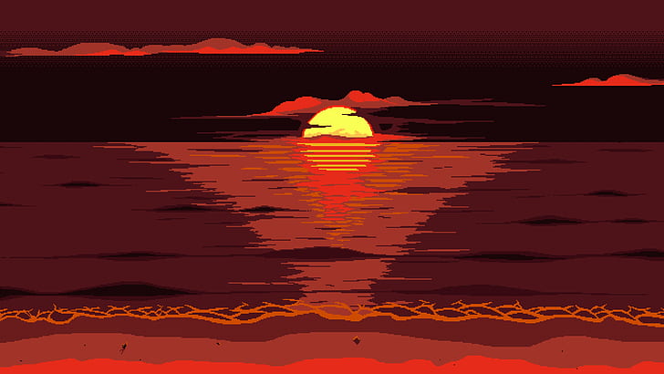 red, orange, sky, sunset, afterglow, pixel art, artwork, digital art, HD wallpaper