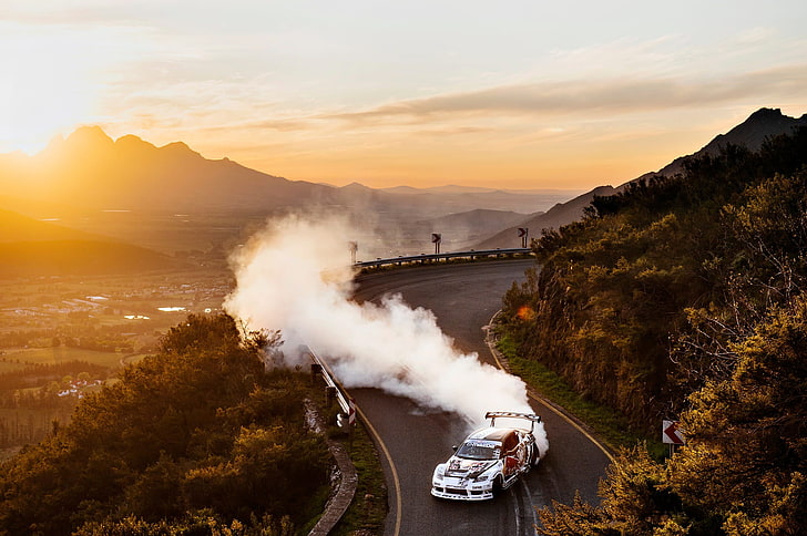 white racing car, sunset, mountains, hills, sports car, Drifting, HD wallpaper