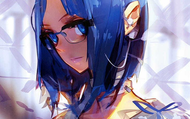 anime, anime girls, glasses, blue hair, blue eyes, original characters, HD wallpaper