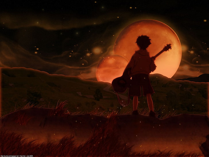 anime male character standing during nighttime, surreal, guitar