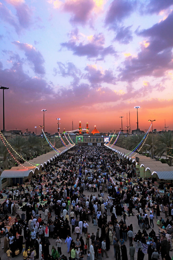 karbobala imam hussain, crowd, large group of people, sunset