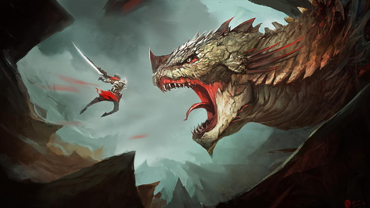 person holding sword in front of green dragon illustration, warrior, HD wallpaper