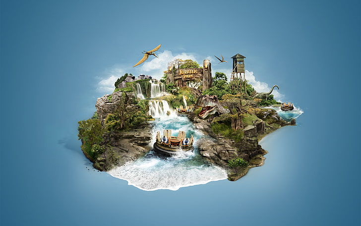 Jurassic Park Island, Blue, Waterfall, Dinosaurs, architecture, HD wallpaper
