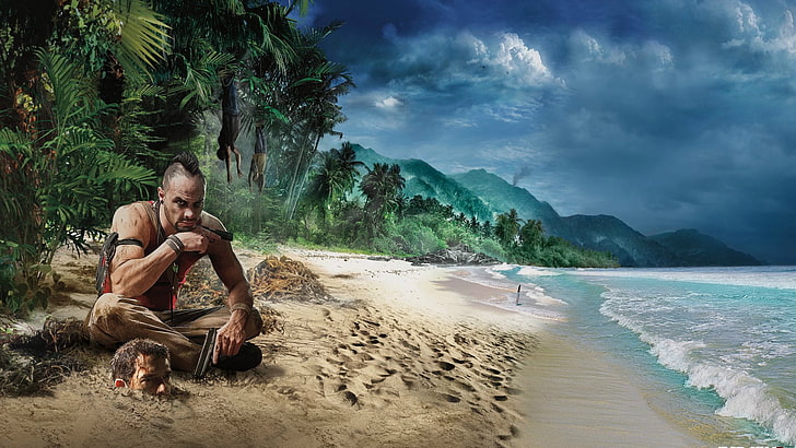 man sitting near seashore clipart, far cry 3, beach, game, graphics, HD wallpaper