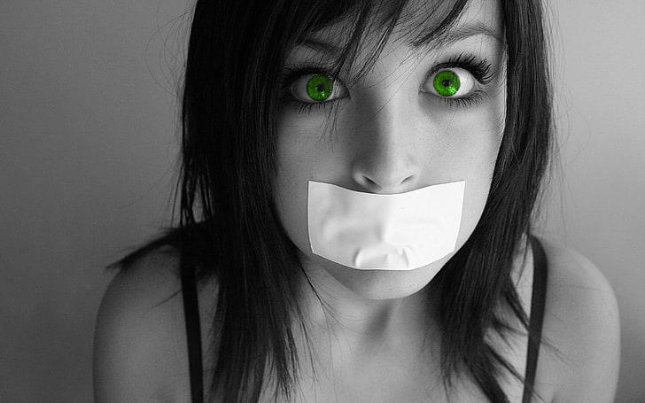 selective coloring, gagged, green eyes, women, model, face