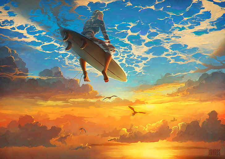 woman riding on white surfboard digital wallpaper, fantasy art