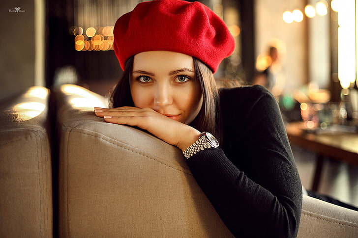 sitting, portrait, gray eyes, smiling, berets, looking at viewer, HD wallpaper