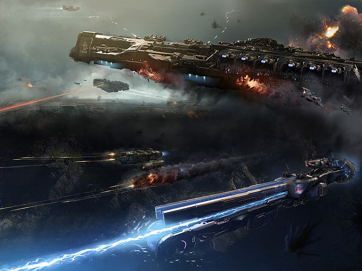 science fiction, space, battle, futuristic, Dreadnought, smoke - physical structure, HD wallpaper