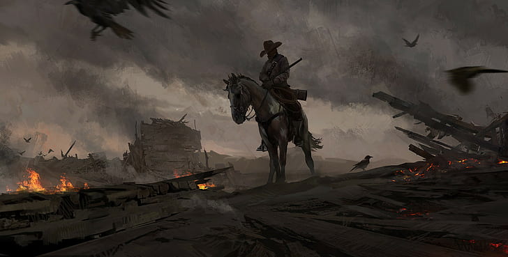 artwork, western, cowboys, bounty hunter, town, horse, crow, HD wallpaper