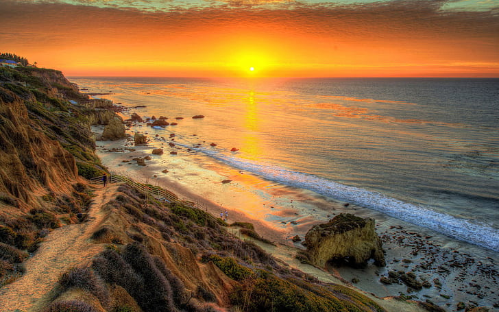 Sunset Sun Red Orange Sky Marine Coast Beach Rock Ocean Waves Horizon Beautiful Wallpaper Hd 1920×1200, HD wallpaper