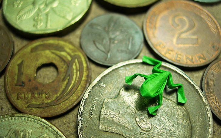 origami, frog, coins, money, paper, close-up, green color, indoors, HD wallpaper
