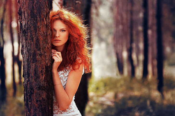 redhead, nature, women, model, trees, long hair, see-through clothing