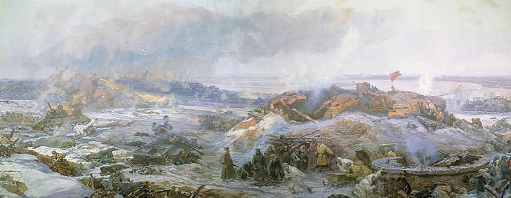 brown mountain, winter, smoke, picture, soldiers, ruins, Painting