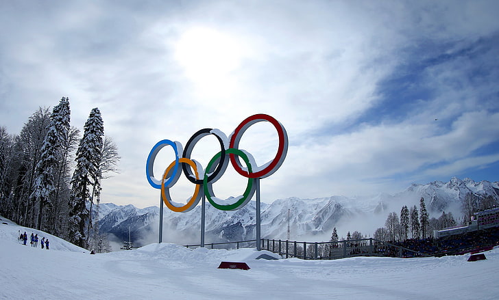 Olympics signage, winter, snow, trees, mountains, Russia, The Olympic rings, HD wallpaper