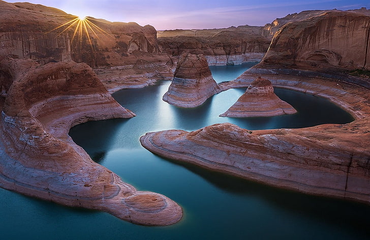 canyon, Utah, river, desert, sun rays, water, nature, landscape, HD wallpaper