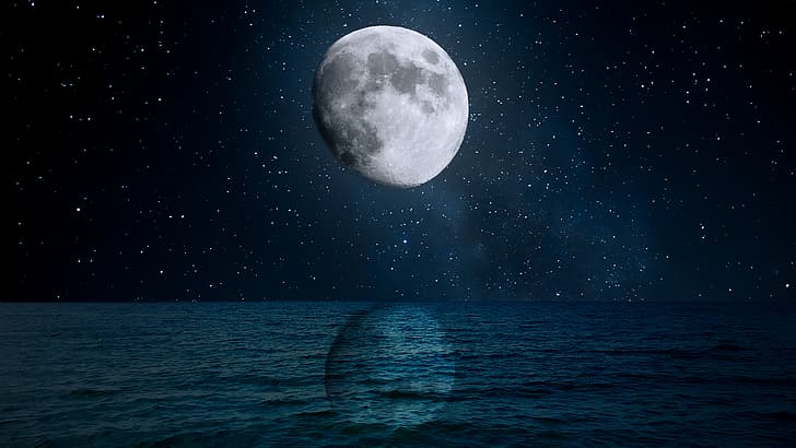 night, sky, Moon, stars, galaxy, moonlight, sea, high contrast, HD wallpaper