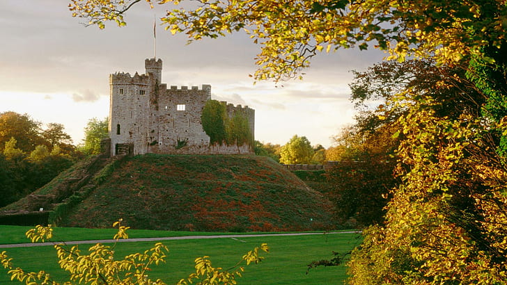 Cardiff Castle In Wales, trees, grass, hill, autumn, nature and landscapes