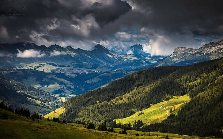 Landscape, Nature, Mountain, Forest, Alps, Clouds, Switzerland, Green, Summer, HD wallpaper
