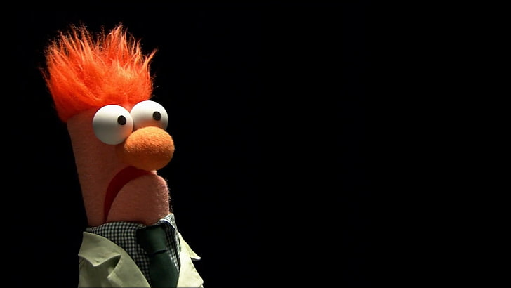 Beaker, The Muppets, black background, indoors, toy, representation