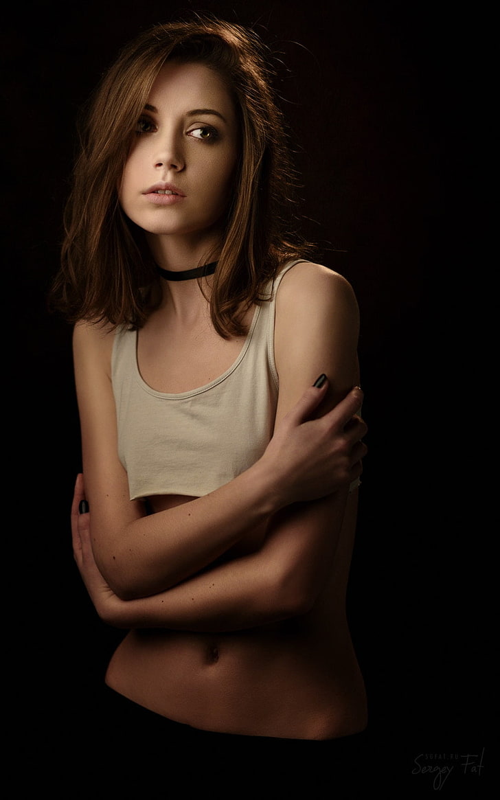 women's white sleeveless crop-top, Ksenia Kokoreva, portrait, HD wallpaper