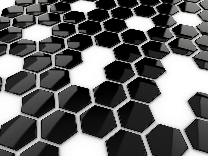 black and white honeybee wallpaper, tile, hexagon, pattern, metal