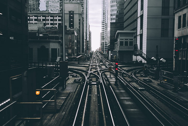 gray rail road, Chicago, railway, USA, signal, urban, building, HD wallpaper