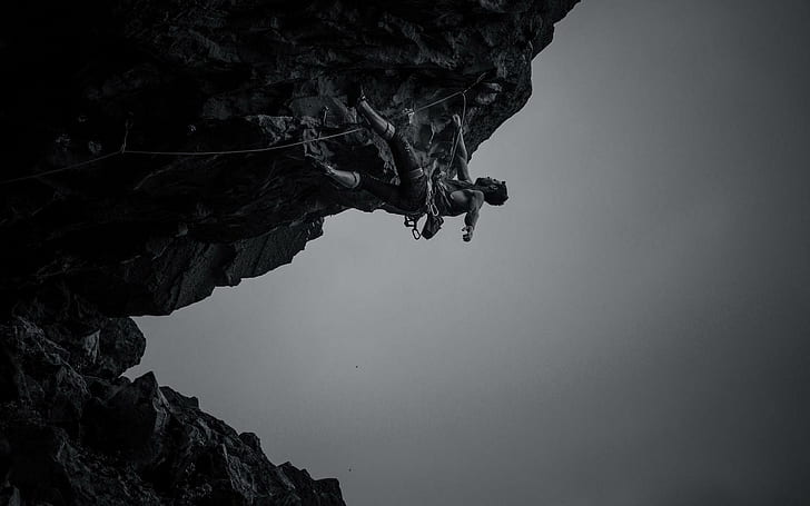 Rock Climbing, grayscale photo of man climbing on mountain, sports