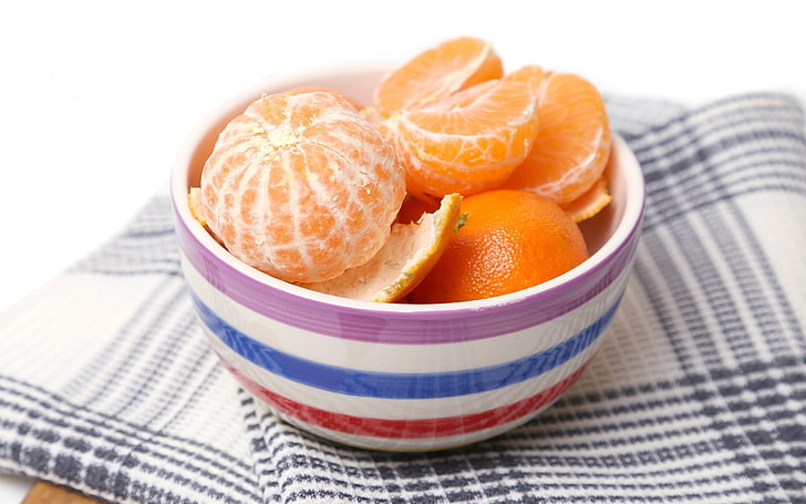 white, red, blue, and purple ceramic bowl, food, bowls, Clementine, HD wallpaper
